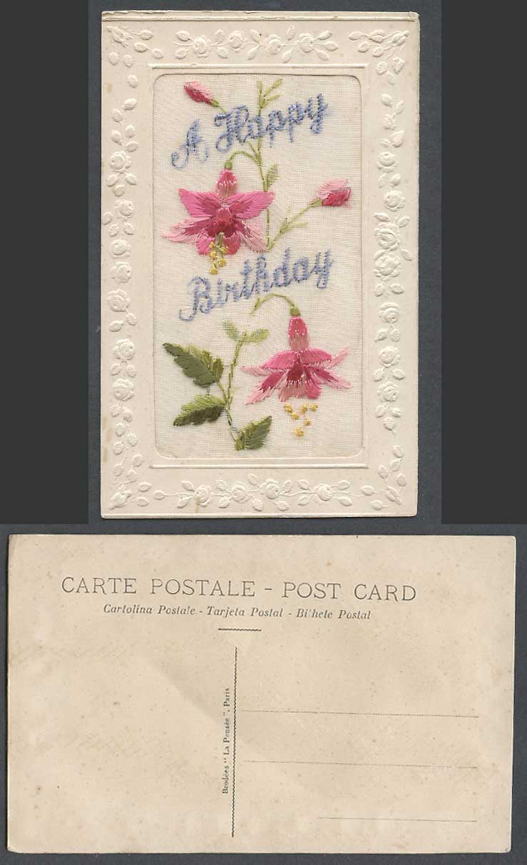 WW1 SILK Embroidered Old Postcard A Happy Birthday, Flowers, Novelty, Greetings