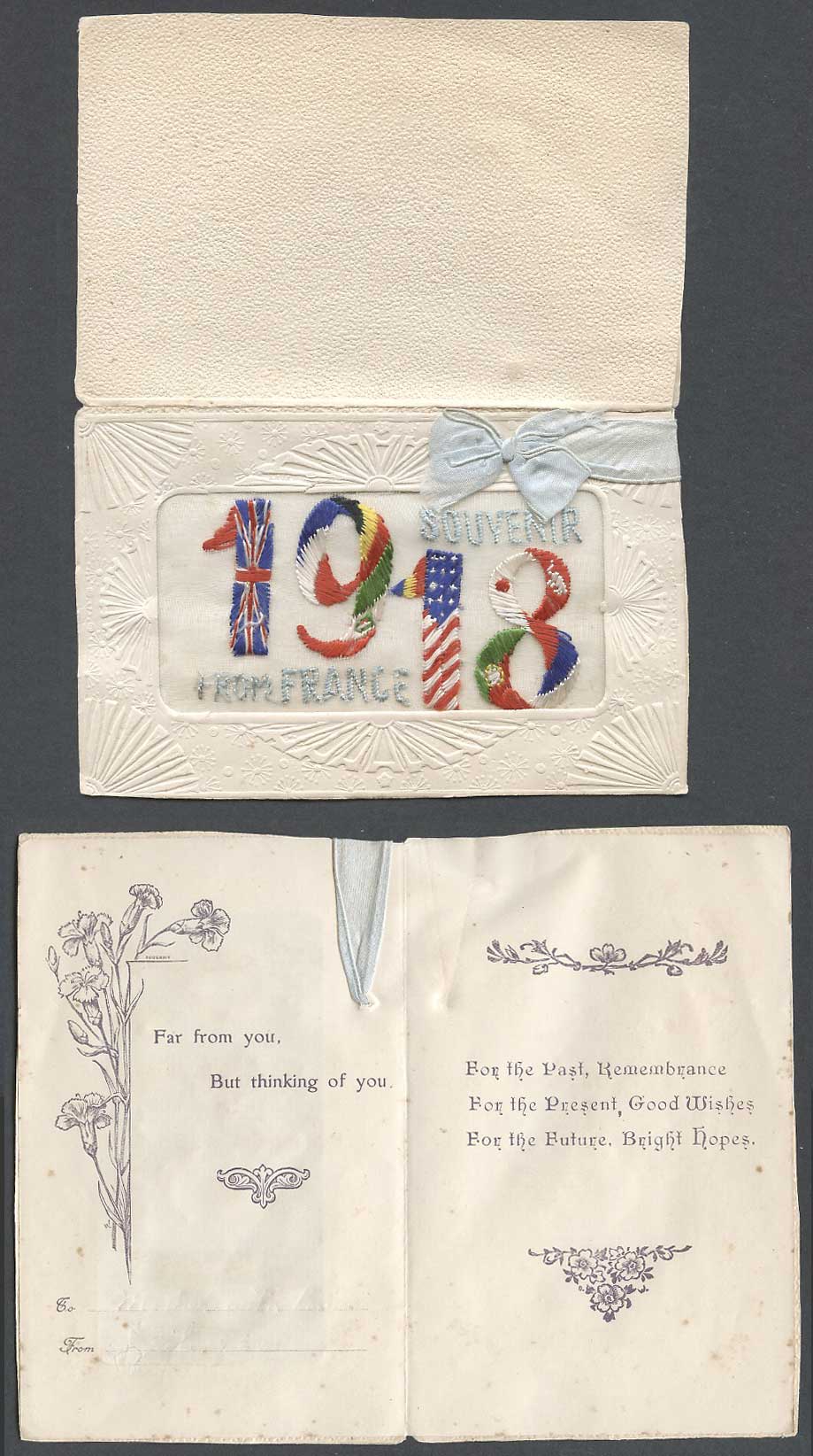 WW1 SILK Embroidered Souvenir from France Flags 1918 Old Greeting Card Blue Knot