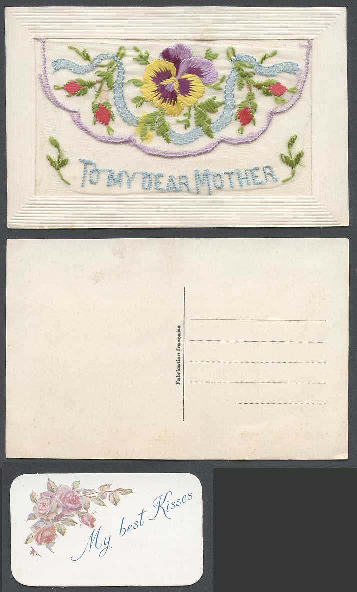 WW1 SILK Embroidered Old Postcard To My Dear Mother ,My Best Kisses Card, Wallet