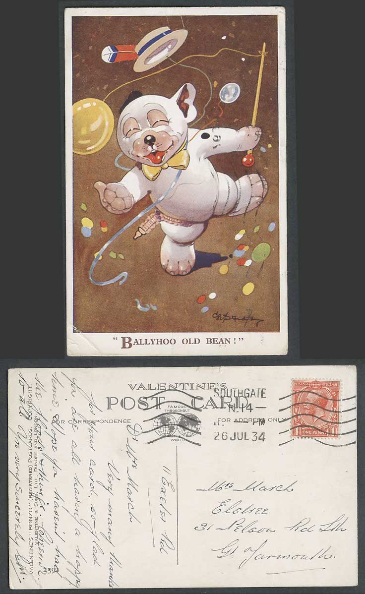 BONZO Dog GE Studdy 1934 Vintage Postcard Ballyhoo Old Bean! Puppy Dancing 2391