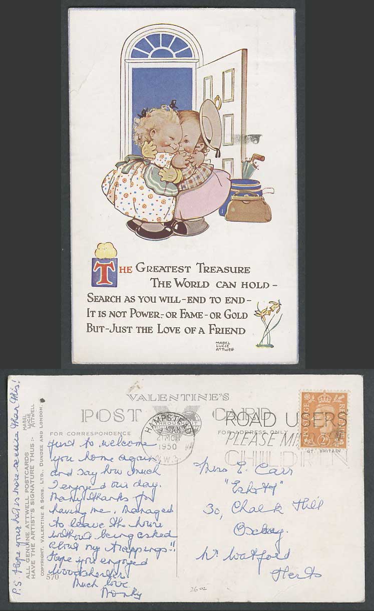 MABEL LUCIE ATTWELL 1950 Old Postcard Love of Friend 570 Road User Mind Children