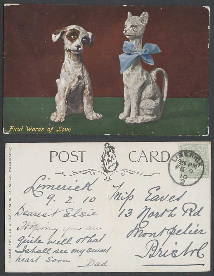Cat Kitten & Dog Puppy First Words of Love 1910 Old Colour Postcard Pets Animals