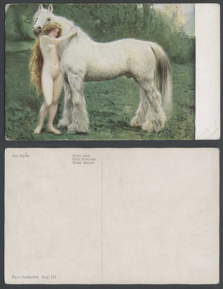 Jan Styka, Horse and Lady Woman Good Friends Bons Amis Gute Freunde Old Postcard