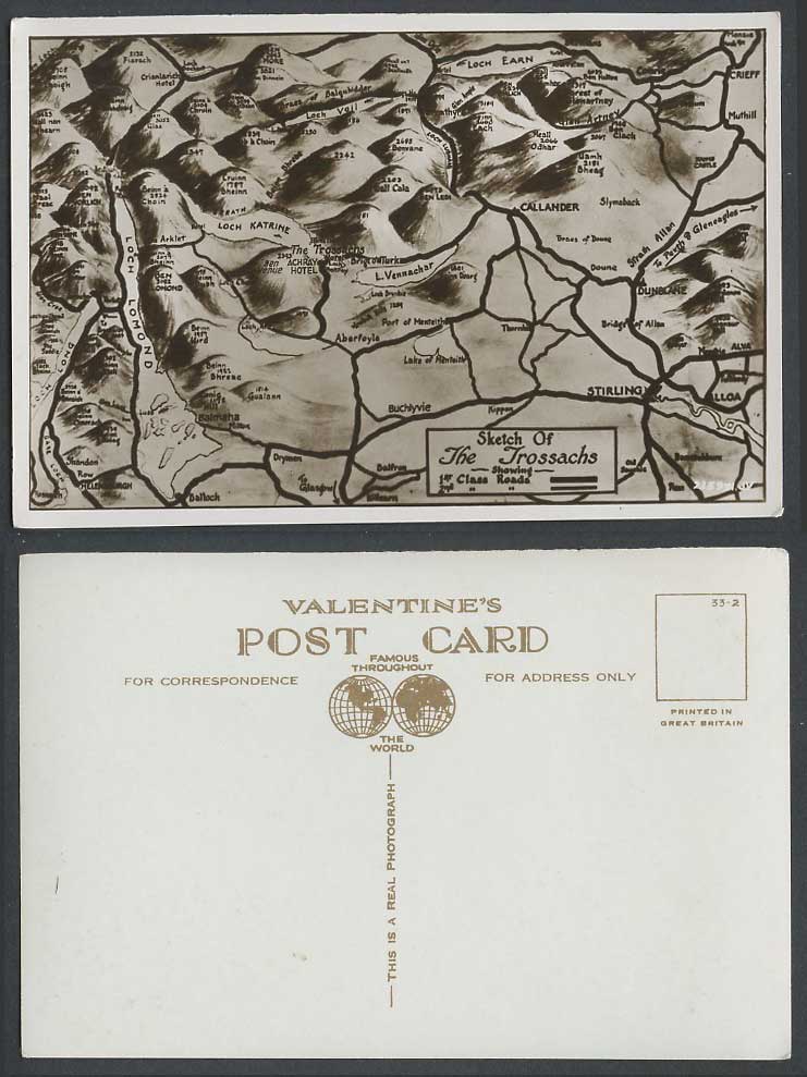 The Trossachs MAP Sketch Loch Katrine Lomond Callander Stirling etc Old Postcard