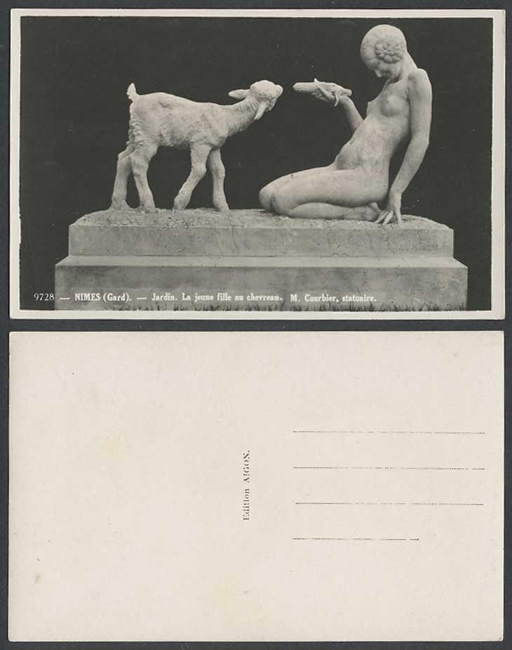 France NIMES Gard Old Postcard Jardin Girl with Lamb Corn by M. Courbier