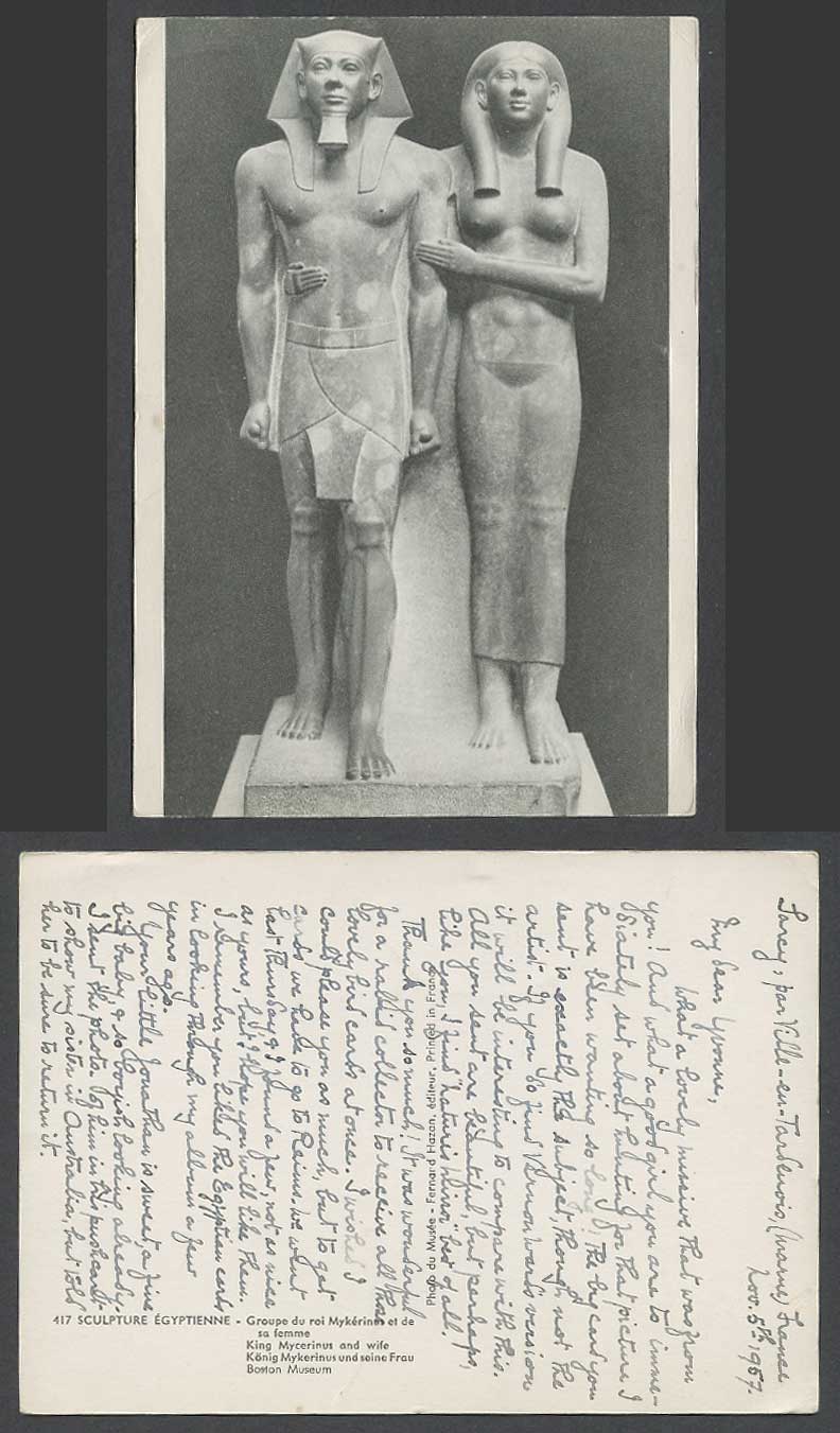 Egypt 1957 Old Postcard Pharaoh King Mycerinus and Wife Sculpture, Boston Museum