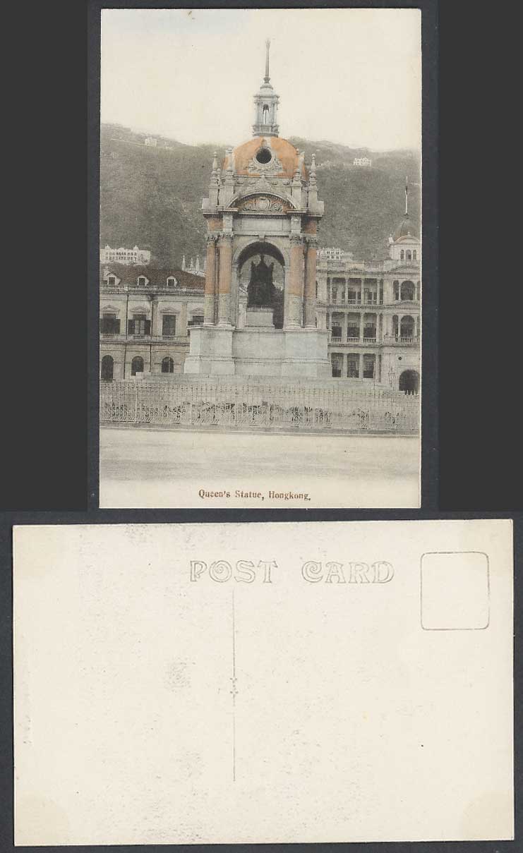 Hong Kong China Old Hand Tinted Postcard Queen Victoria, Queen's Statue Monument