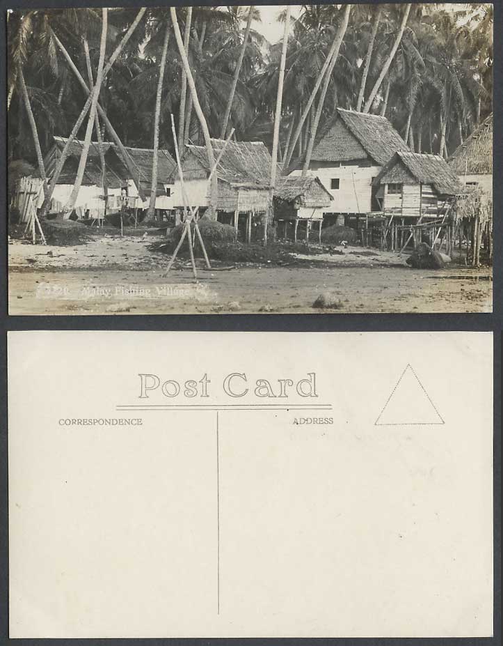 Pahang Malay Fishing Village, Native Houses & Palm Trees Old Real Photo Postcard