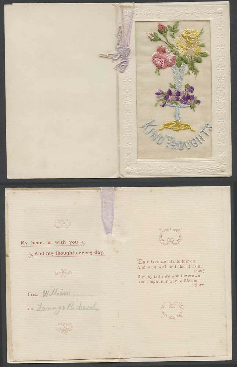 WW1 SILK Embroidered Old Greeting Card Kind Thoughts Flowers Vase Heart with You
