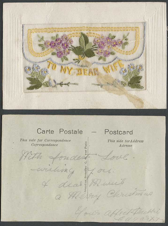 WW1 SILK Embroidered Old Postcard To My Dear Wife, Flowers, Empty Wallet C.C.