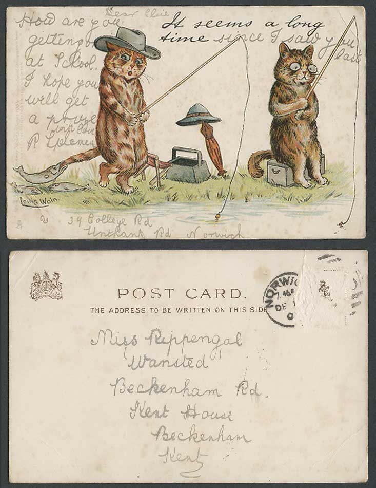 LOUIS WAIN Artist Signed Cat Fishing It Seem a Long Time Write Away Old Postcard