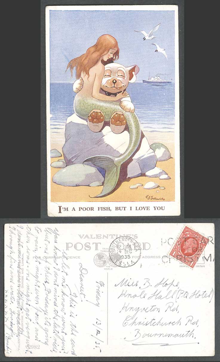 BONZO DOG GE Studdy 1935 Old Postcard Mermaid I'm Pool Fish, But I Love You 2982