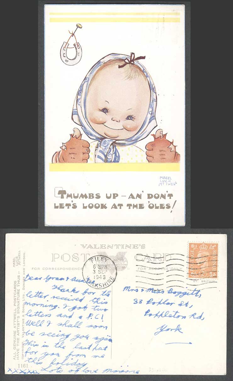 MABEL LUCIE ATTWELL 1949 Old Postcard Thumbs Up Lets Look at Oles Horseshoe 1161