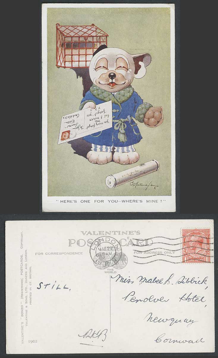 BONZO DOG GE Studdy 1932 Old Postcard Here's One for U, Where's Mine? Puppy 1902