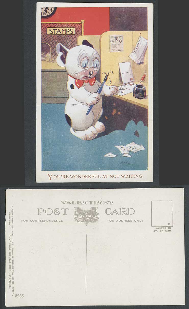 BONZO DOG GE Studdy Old Postcard You R Wonderful at Not Writing Post Office 3235