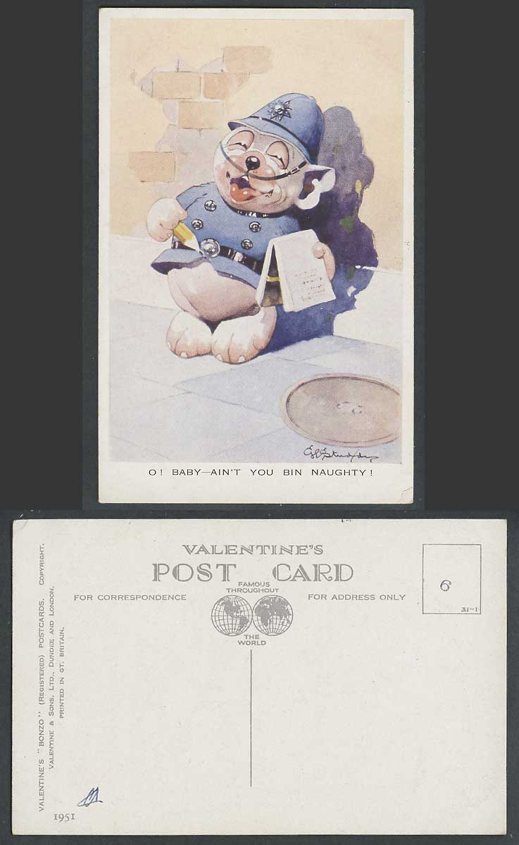 BONZO DOG GE Studdy Old Postcard Puppy Police O! Baby Ain't you Bin Naughty 1951