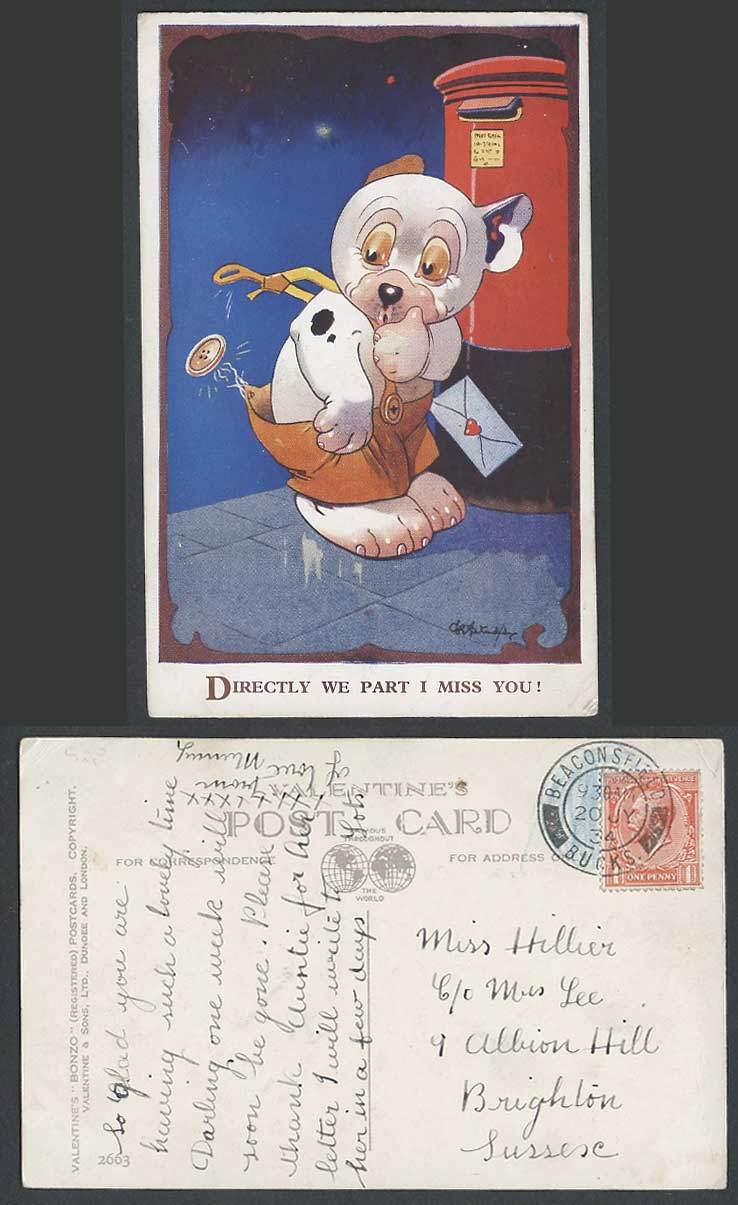 BONZO DOG GE Studdy 1934 Old Postcard Directly We Part I Miss You! Postbox 2663
