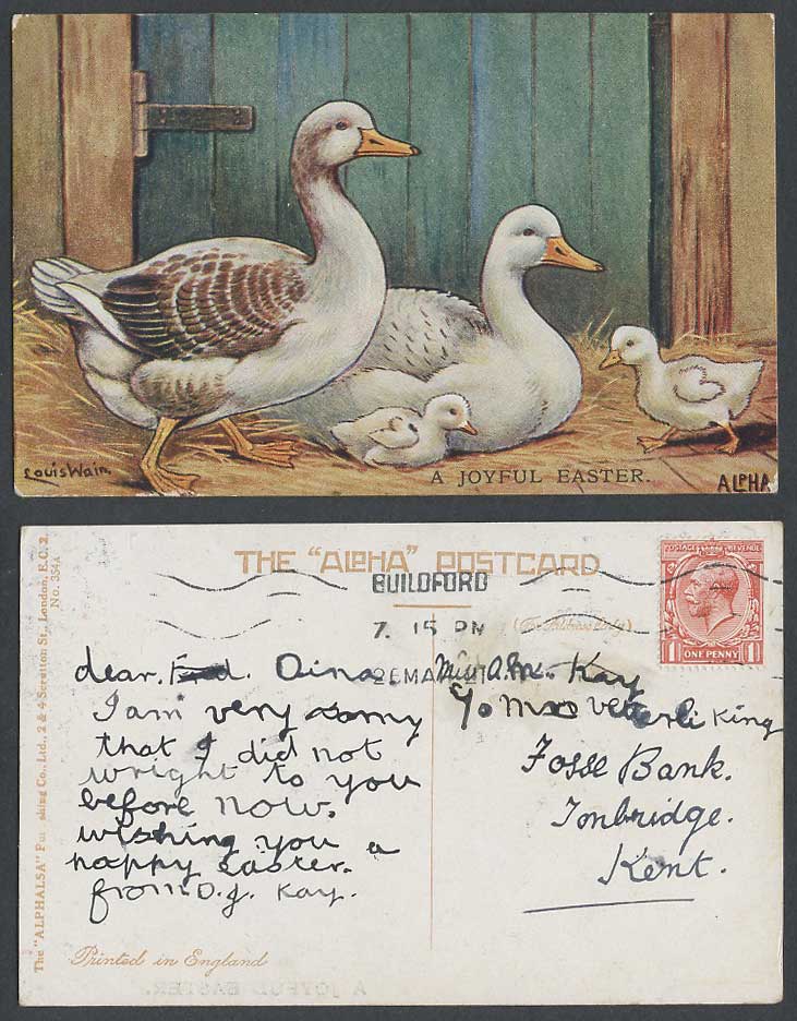 LOUIS WAIN Artist Signed A Joyful Easter Geese Goose Duck Bird 1927 Old Postcard