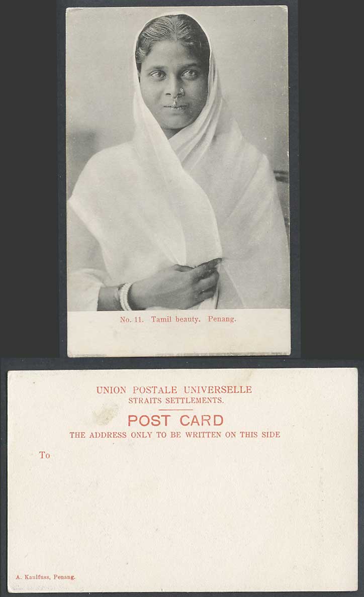 Penang Straits Settlements Old U.B. Postcard A Tamil Beauty Woman Lady Nose Ring