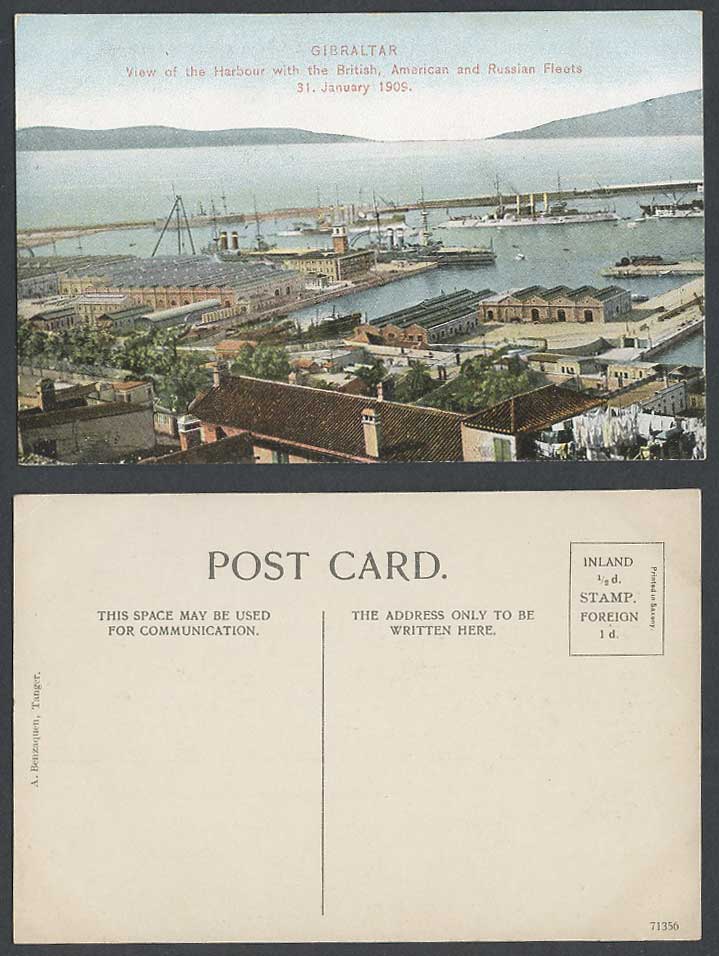 Gibraltar 1909 Old Postcard Harbour, British, American & Russian Fleets Warships