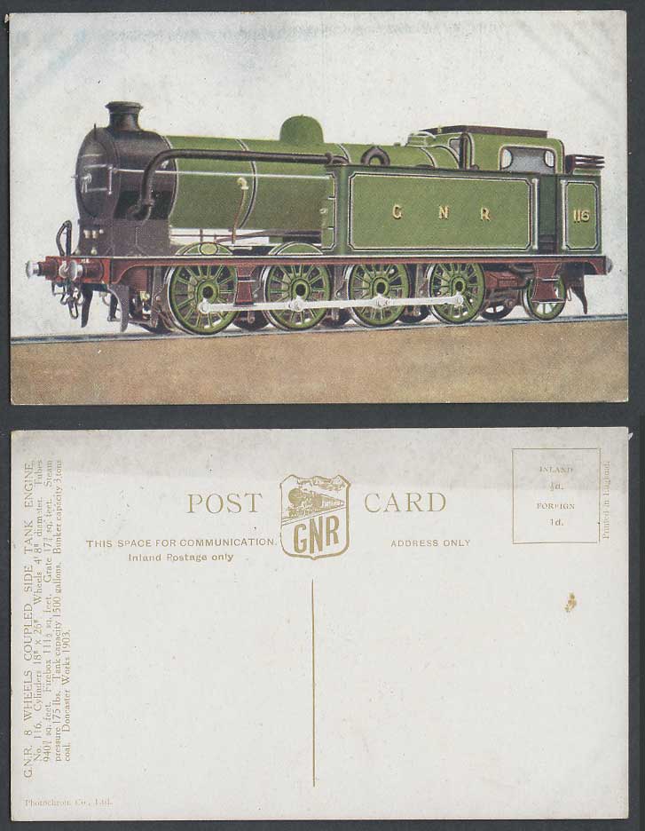G.N.R. 8 Wheels Coupled Side Tank Engine 116. Locomotive Train Rail Old Postcard