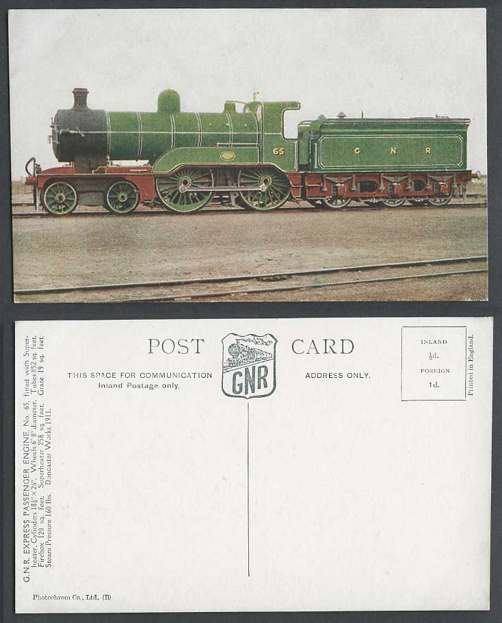 G.N.R. Express Passenger Engine 65. Locomotive Train Railway Old Colour Postcard