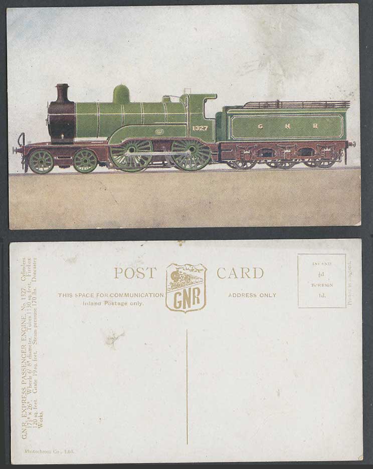 G.N.R. Express Passenger Engine 1327 Locomotive Train Railway Old Color Postcard