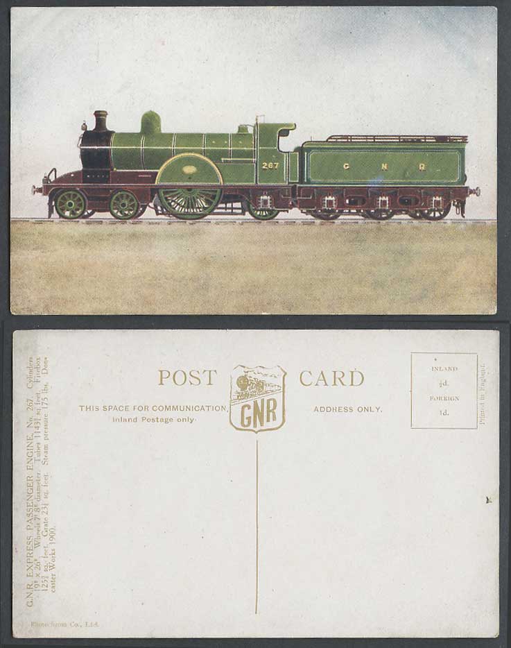 G.N.R. Express Passenger Engine 267 Locomotive Train Railway Old Colour Postcard