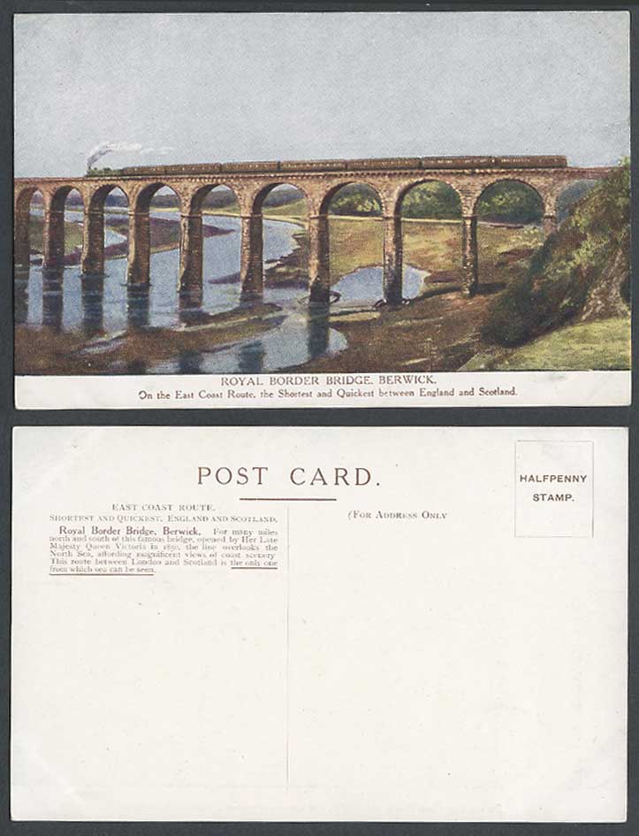 Berwick, Royal Border Bridge, Locomotive Steam Train Railway Old Colour Postcard