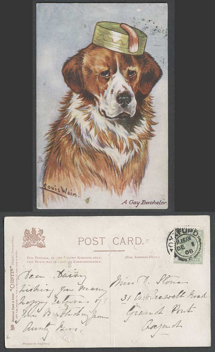 LOUIS WAIN Artist Signed St. Bernard Dog A Gay Bachelor 1908 Old Tuck's Postcard