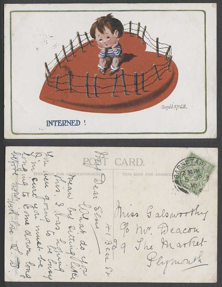 Donald McGill 1916 Old Postcard Interned! Boy Sitting on Red Heart, Romance 1391