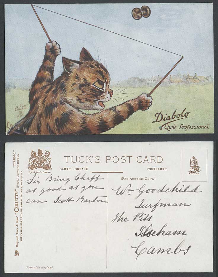 Louis Wain Artist Signed Cat Diabolo Quite Professional Tuck's 9563 Old Postcard