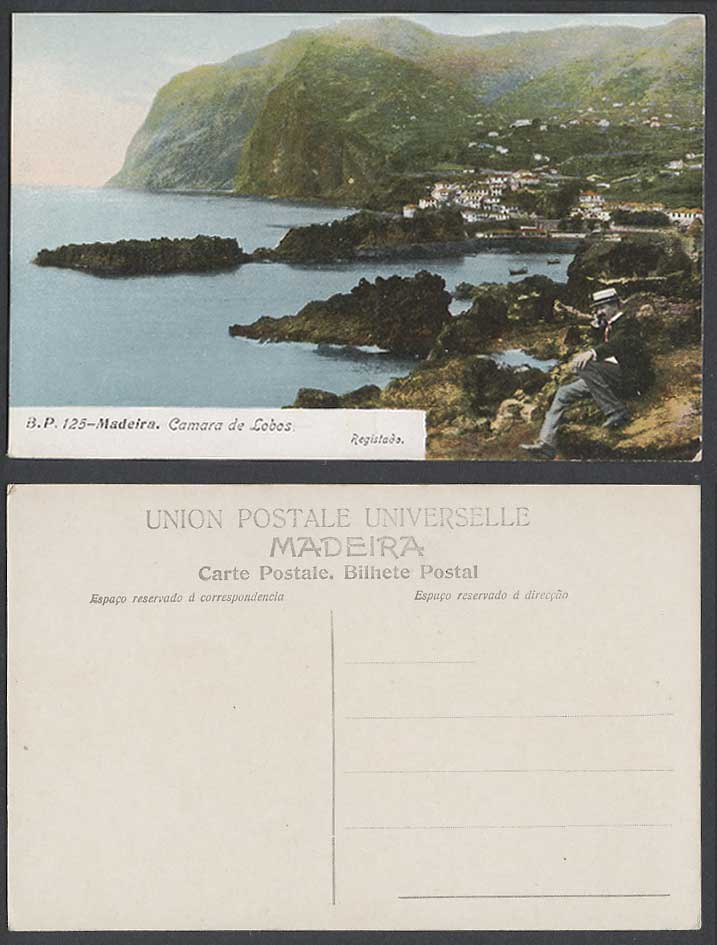 Portugal Old Colour Postcard Madeira Camara de Lobos Panorama, A Man Sit on Rock