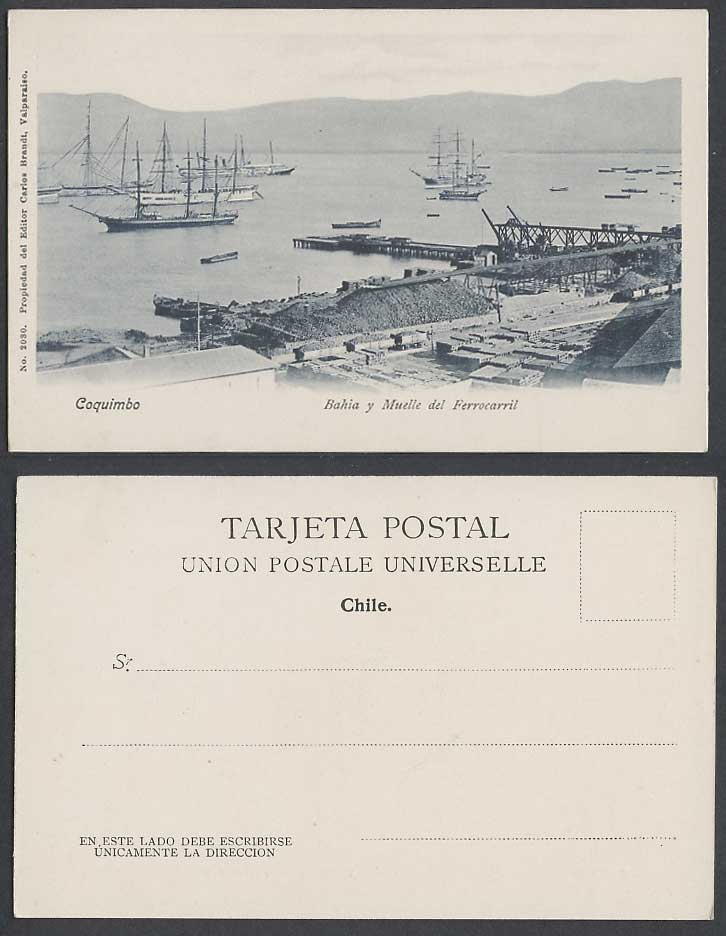 Chile Old Postcard Coquimbo Bahia y Muelle del Ferrocarril, Dock Rail Boats Pier