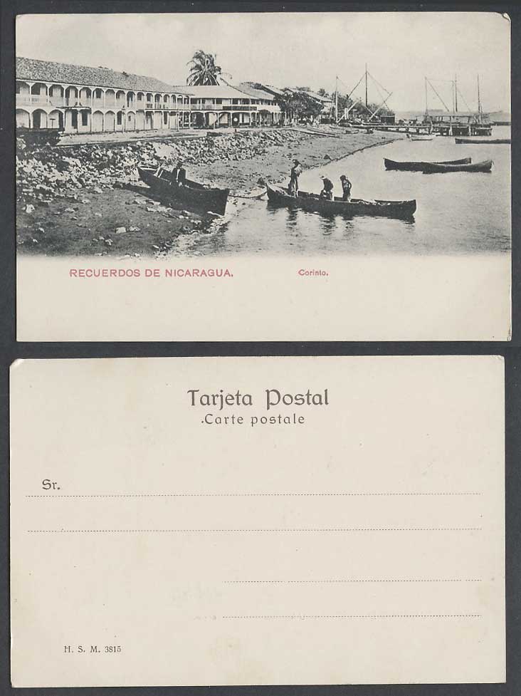 Nicaragua Old UB Postcard Corinto, Chinandega Boats Canoes Pier Street Scene HSM