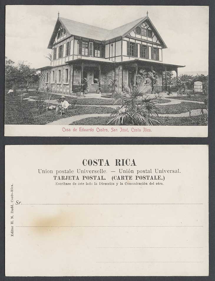 Costa Rica Old UB Postcard San Jose Casa de Edwardo Eduardo Castro, House Garden