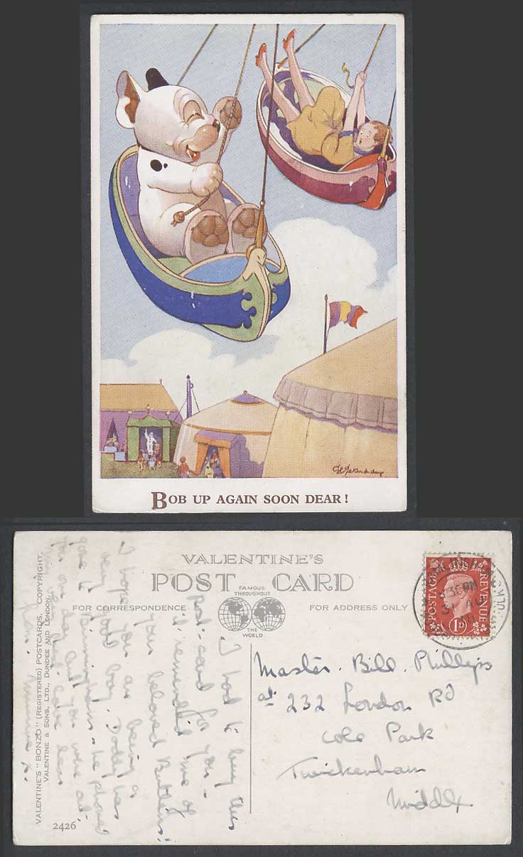 BONZO DOG GE Studdy 1938 Old Postcard Bob Up Again Soon Dear Amusement Park 2426