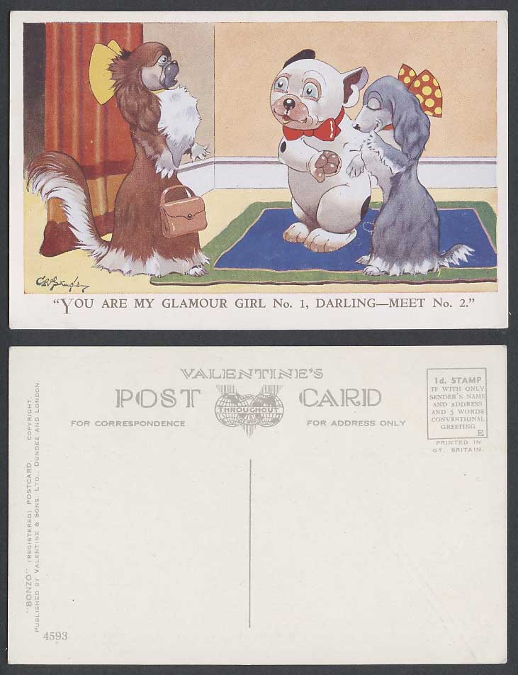 BONZO DOG GE Studdy Old Postcard You Are My Glamour Girl No.1 - Meet No.2. 4593