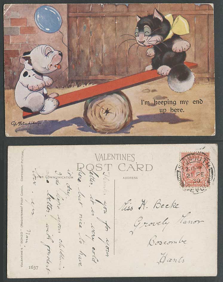 BONZO DOG GE Studdy 1930 Old Postcard Felix Black Cat I'm Keeping My End Up 1637