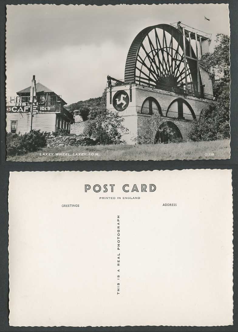 Isle of Man c.1950 Old Real Photo Postcard LAXEY WHEEL Teas Cafe Ices Photograph