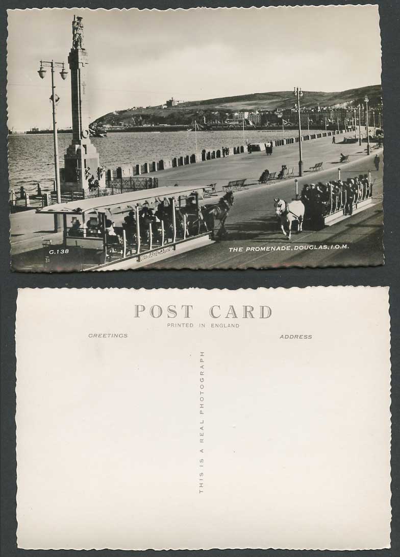 Isle of Man c.1950 Old Real Photo Postcard The Promenade Douglas, Horse Tramcars