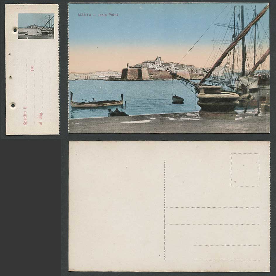 Malta c.1910 Old Colour Postcard Isola Point, DGHAISA Native Boats, Small Card