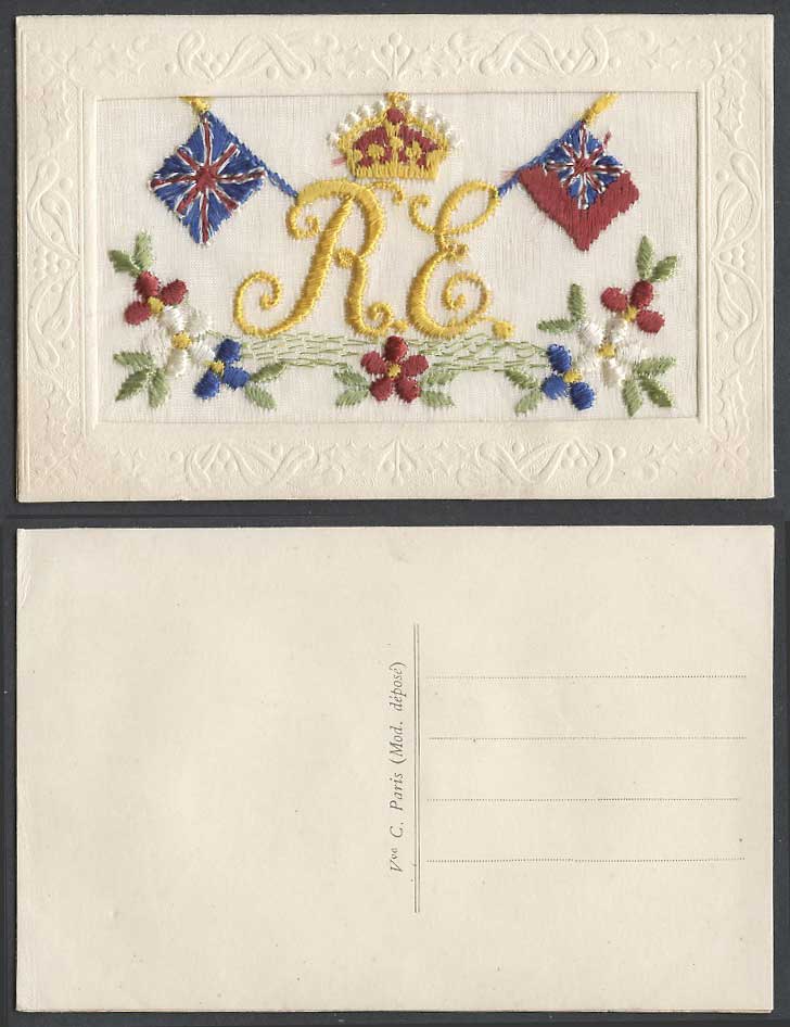 WW1 SILK Embroidered Old Postcard R.E. ROYAL ENGINEERS Flags Flowers Crown Paris