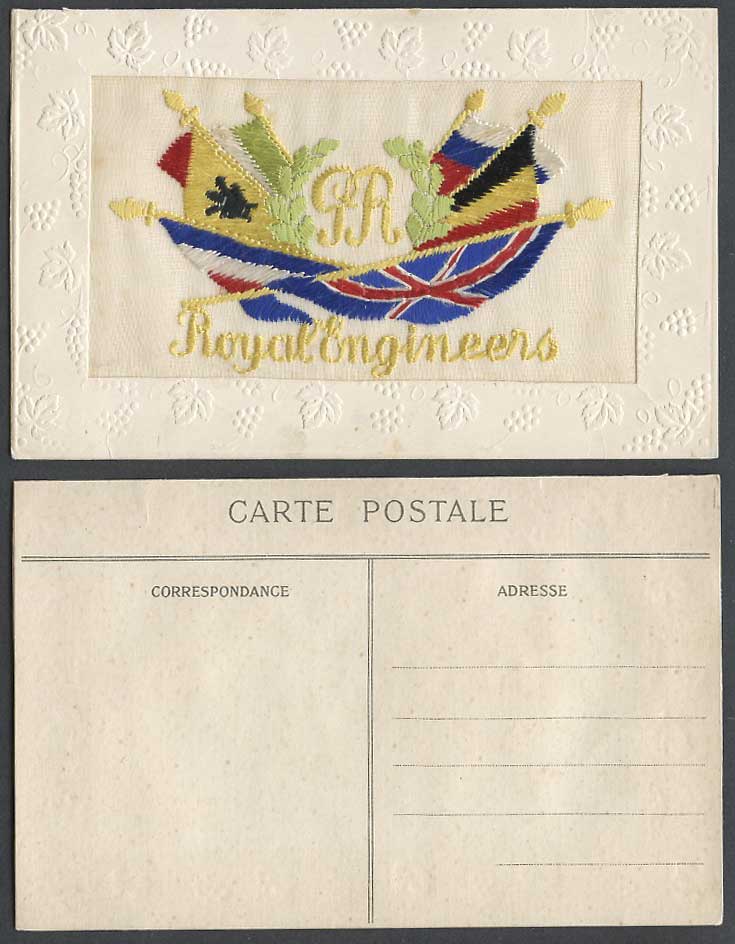 WW1 SILK Embroidered Old Postcard ROYAL ENGINEERS French & British Flags Novelty