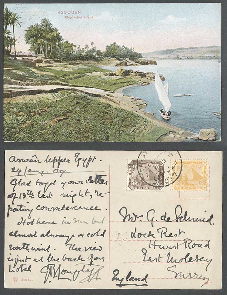 Egypt 1m 3m Savoy Hotel 1908 Old Postcard Assouan Elephantine Island Assuan Boat