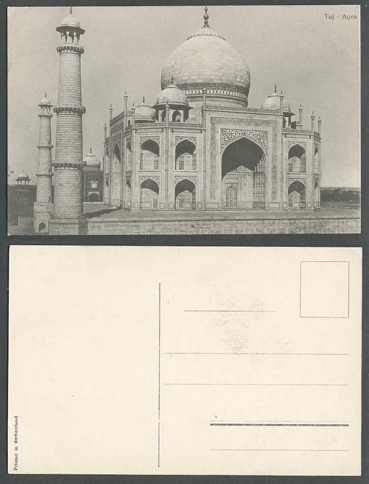 India Old Postcard Taj Mahal Agra Towers, British Indian, Printed in Switzerland