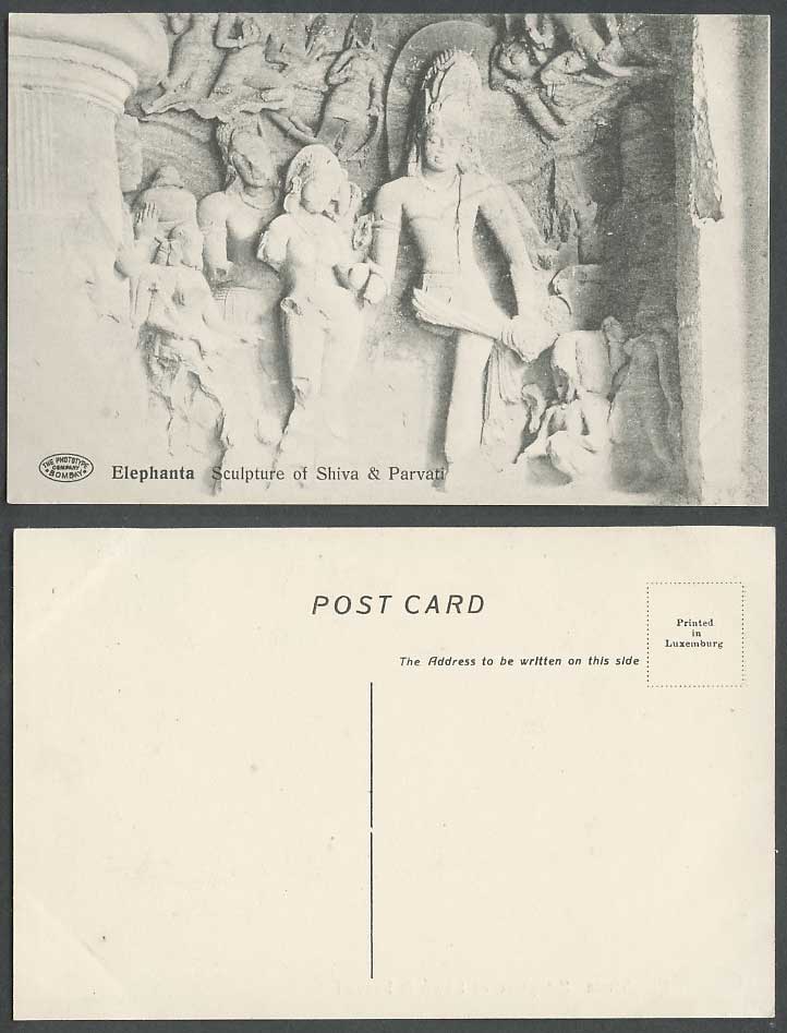 India Old Postcard ELEPHANTA Sculpture of Shiva and Parvati, Temple Shrine Caves