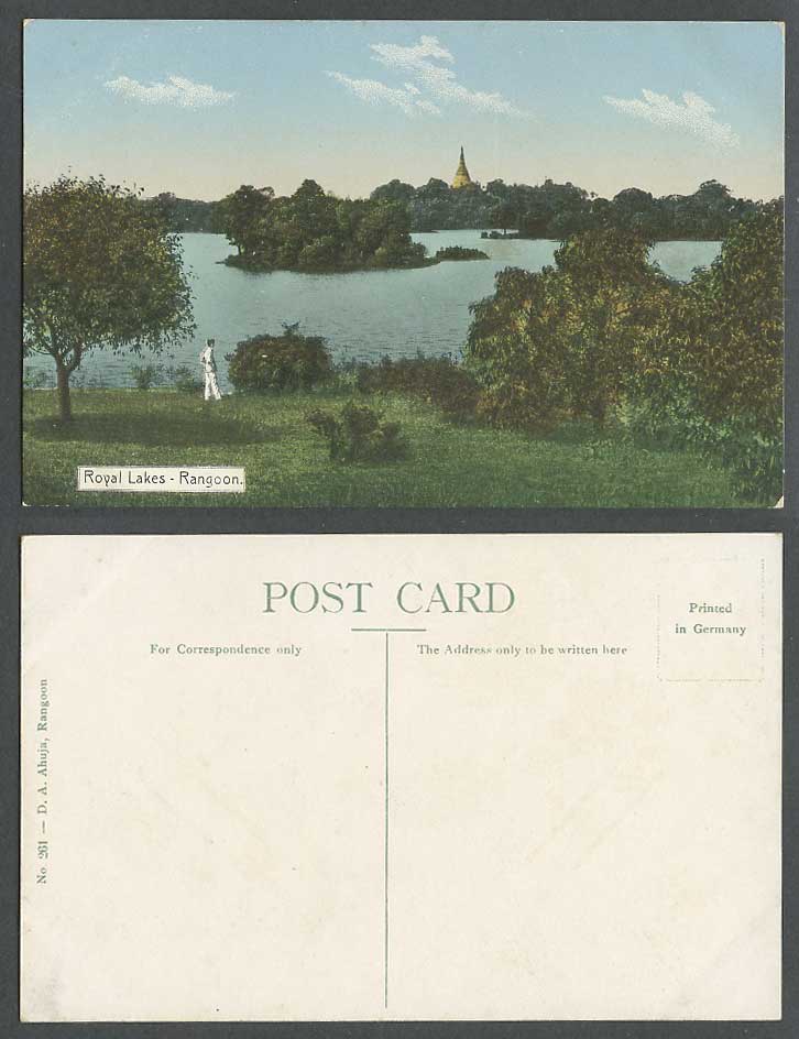 Burma Old Colour Postcard Royal Lakes Rangoon Pagoda in Distance Man by Lake 261