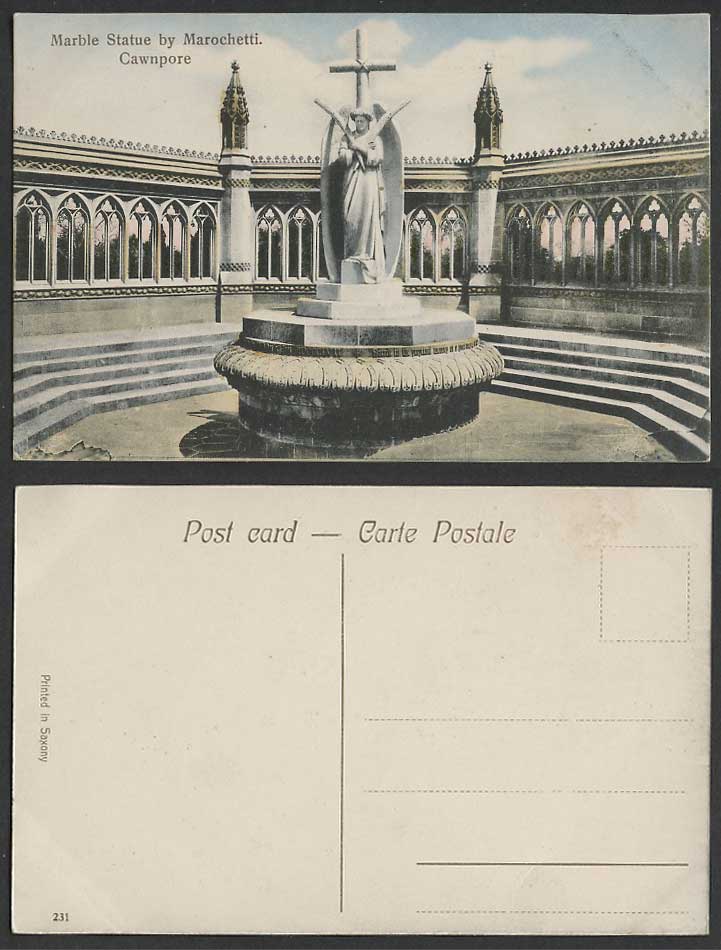 India Old Hand Tinted Postcard Marble Statue by Marochetti Cawnpore Angel Statue