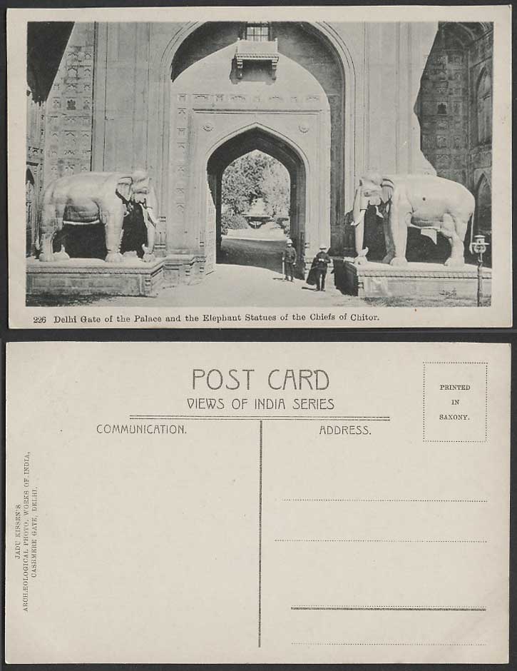 India Old Postcard Delhi Gate, Palace, Elephant Statues, Chief of Chitor, Guards